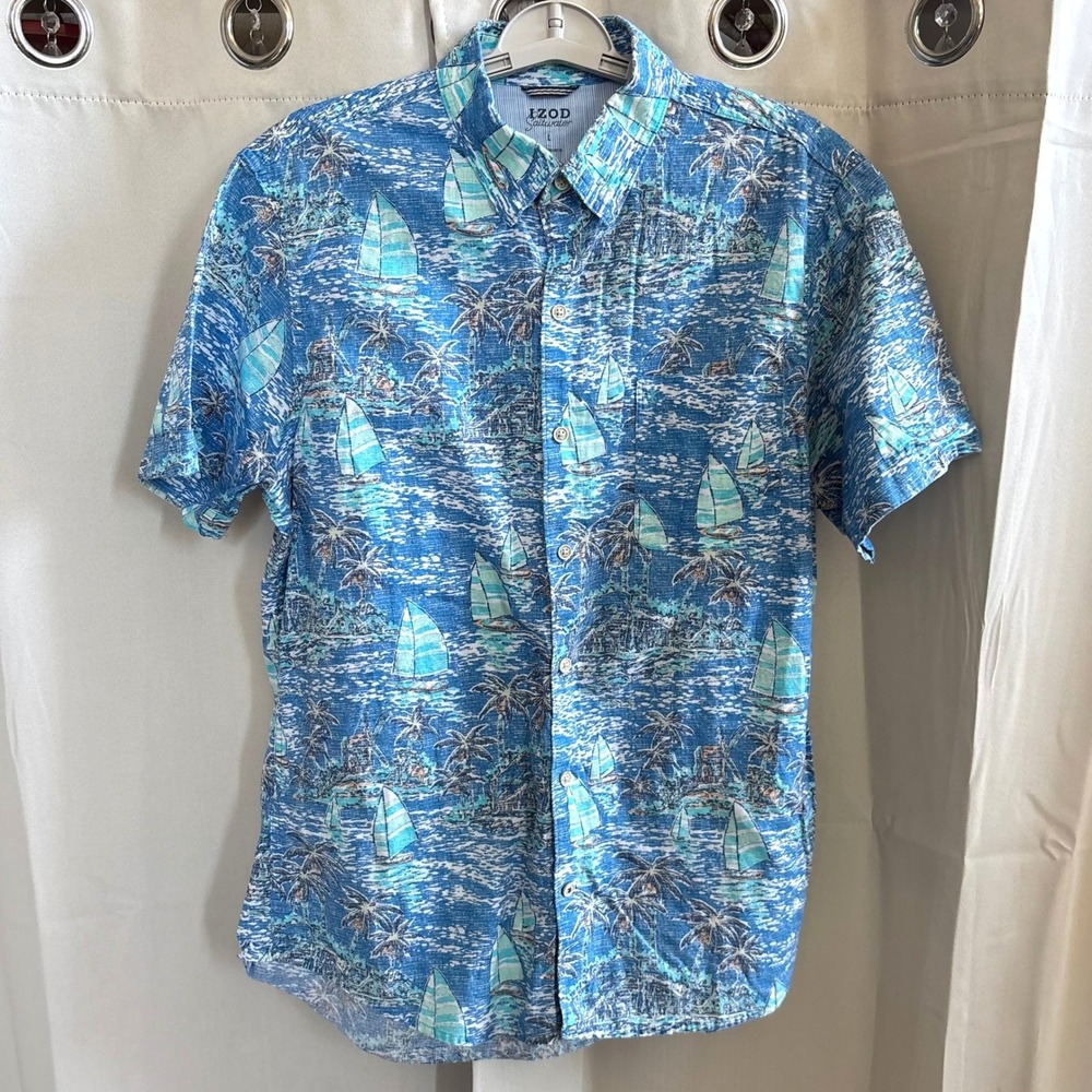 IZOD Saltwater Mens Button Down Shirt Large Sailboat Palm Tree Tropical 21541
